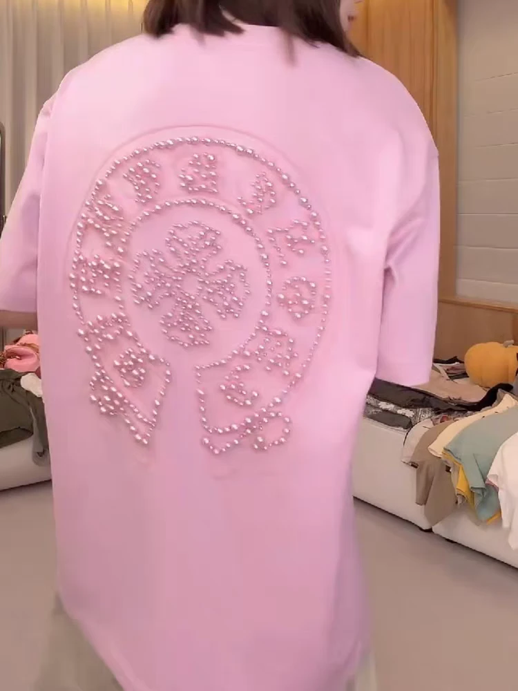 Y重工刺绣珍珠手工钉珠男女同款潮牌T恤女宽松手工1777GG