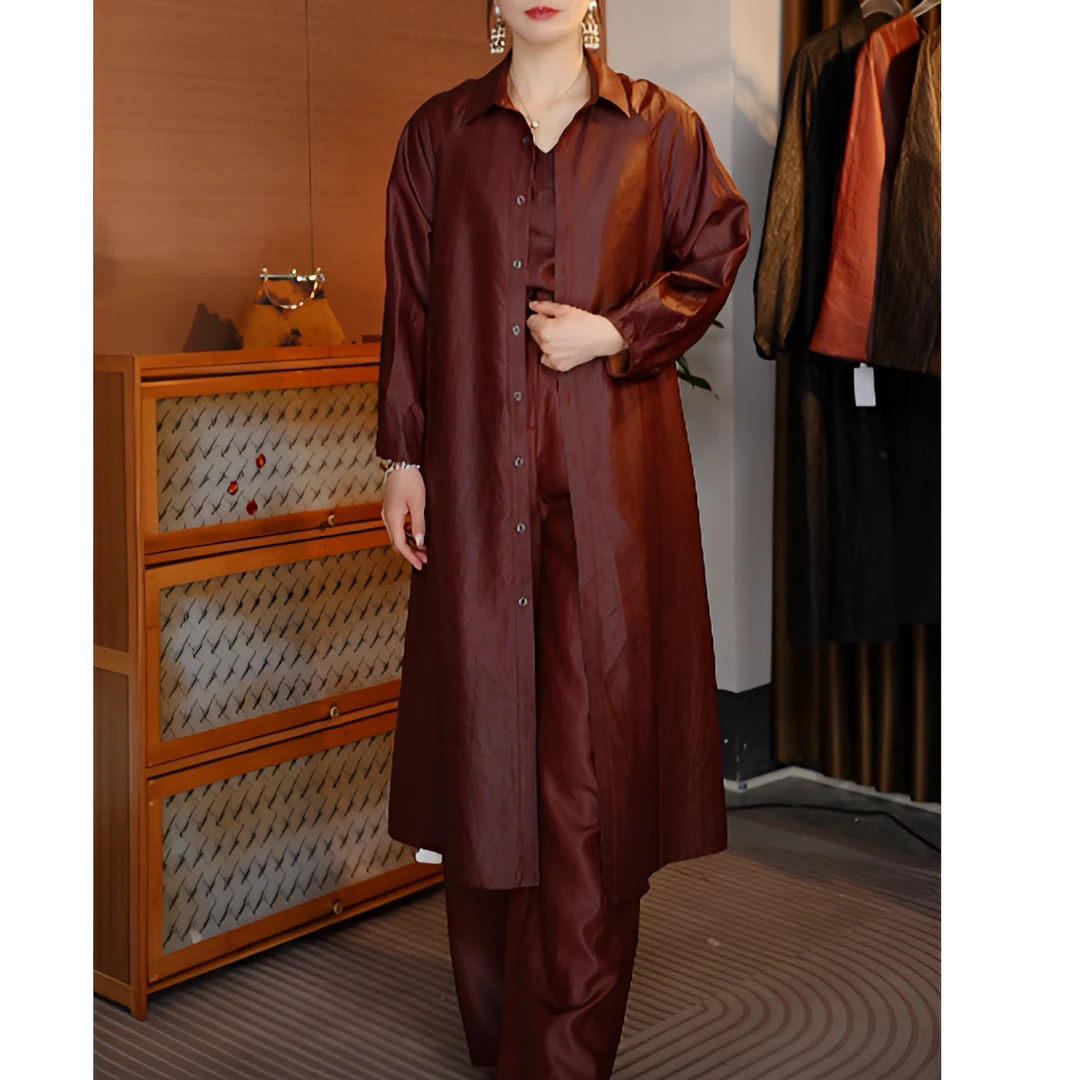 早春新桑蚕丝龟裂纹香云纱女士长款风衣中式中国风复古宽松Y50814