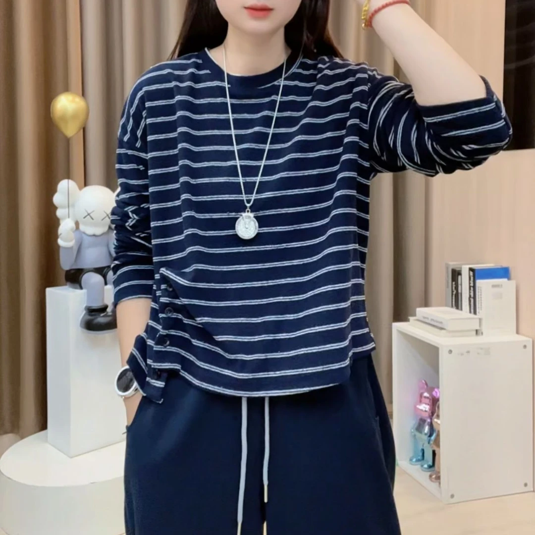 2025秋季新款韩版宽松条纹长袖打底衫休闲圆领上衣女B231
