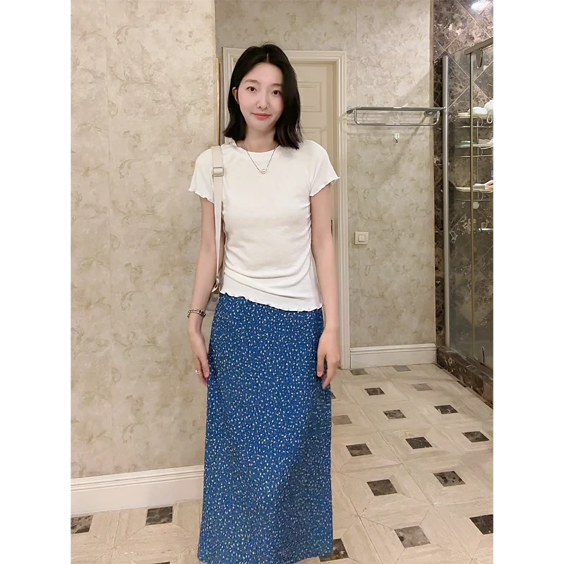 郭九九呢 棉插肩袖修身显瘦波浪边T恤高腰碎花半身裙 G925Y03988