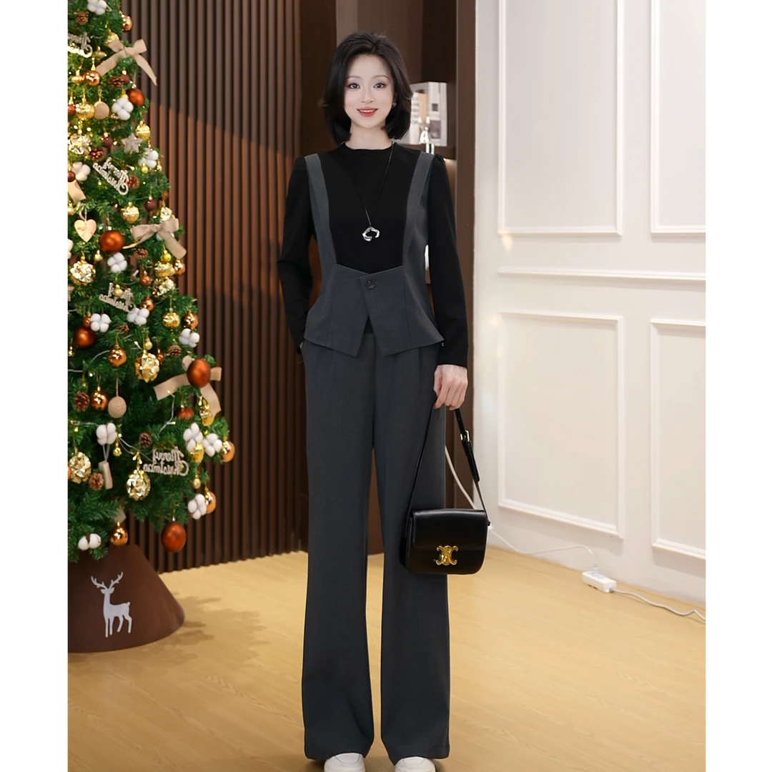 【小爽Eris】春装2025年新款时尚气质撞色拼接款减龄显瘦阔腿裤套装