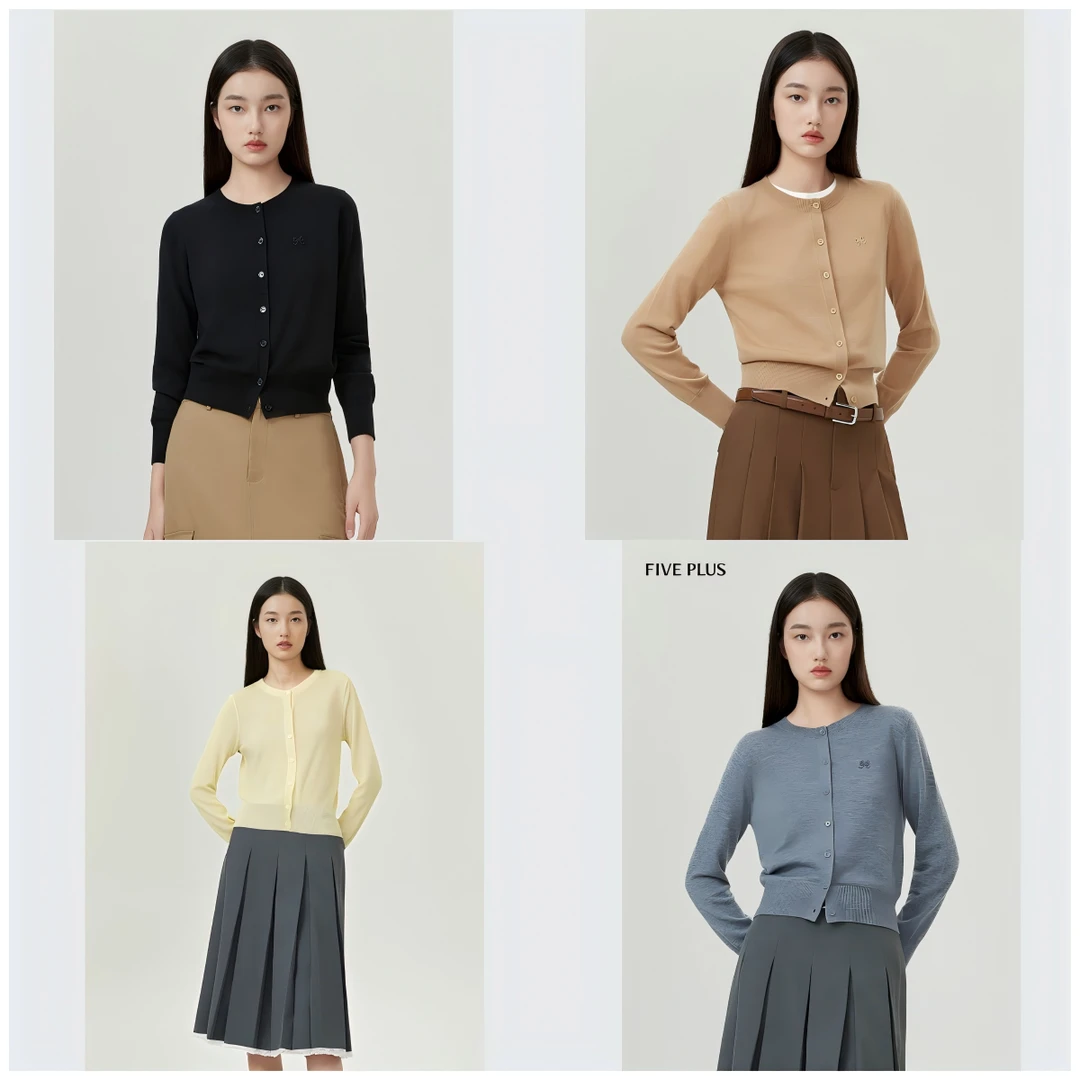 【可机洗绵羊毛】FIVE PLUS秋季新品长袖针织开衫气质女2SW303849L