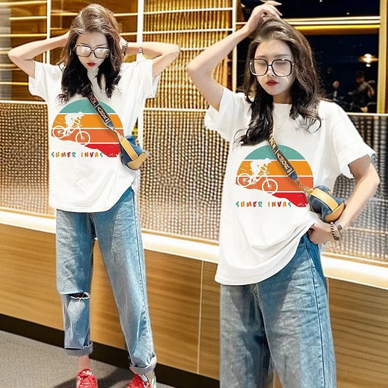 小众休闲上衣2025年米色短袖纯棉t恤女夏季新款宽松ins潮印花短袖