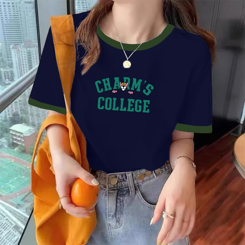 辣妹美式卡通印花撞色藏青色正肩短袖t恤女2025夏季独特体恤上衣