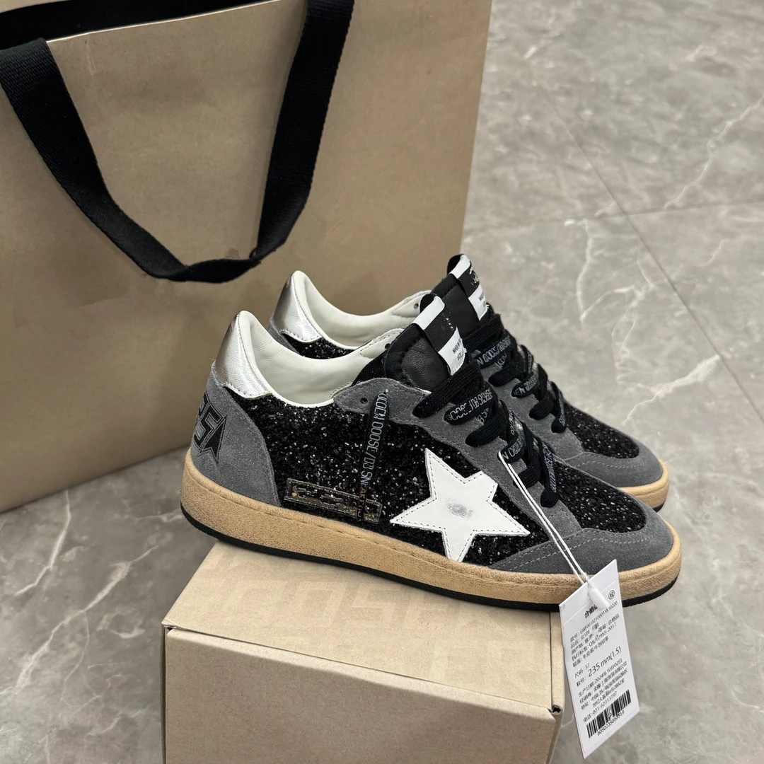 新款Ball系列 鼎版黑闪亮片字母白星星做旧小脏鞋女复古休闲板鞋
