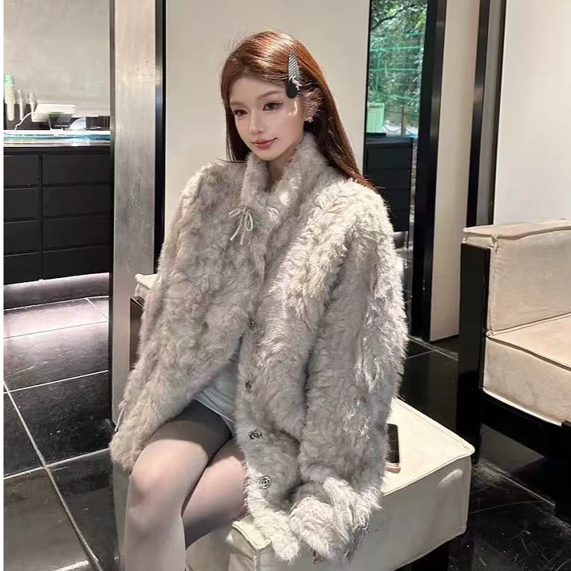 冬加厚新款皮毛一体立领毛毛外套女冬加厚气质中长款毛毛大衣宽松