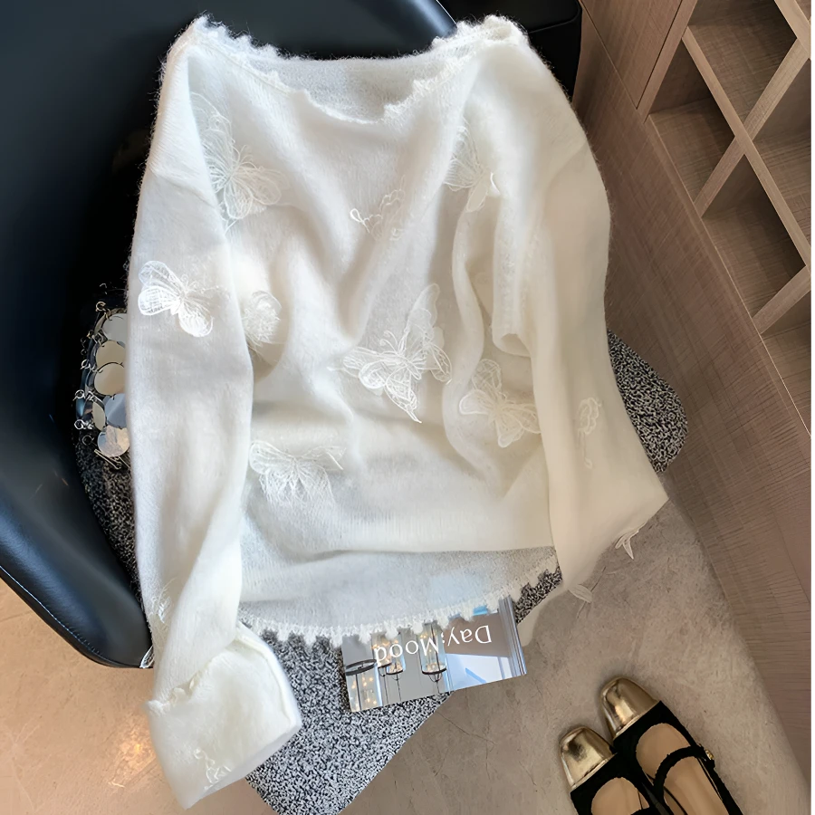 慵懒风白色立体蝴蝶刺绣针织毛衣2025秋季新款蝴蝶结洋气早秋小衫