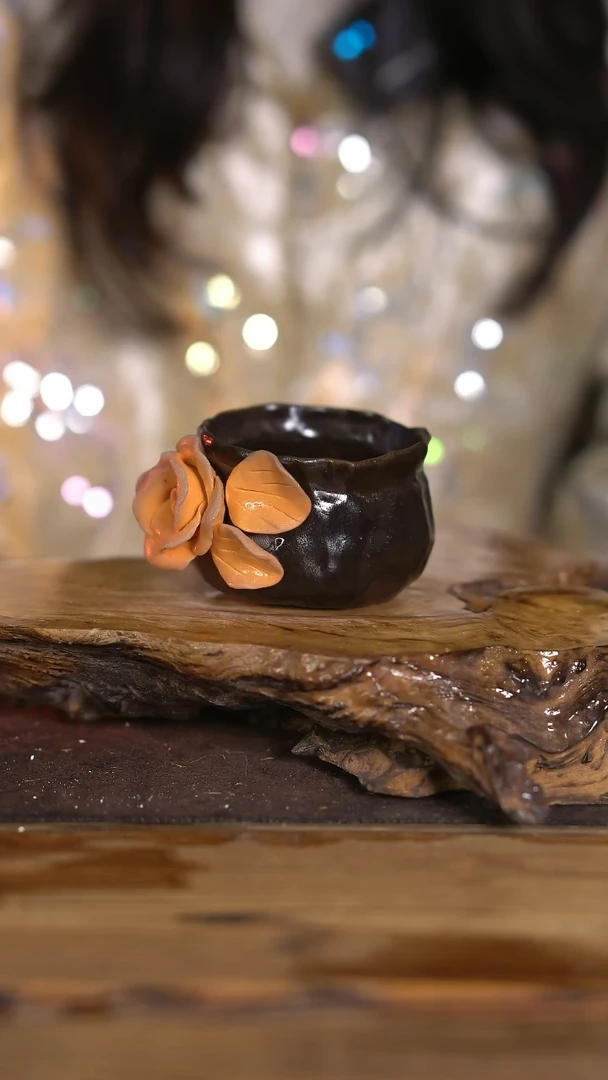 景德镇纯柴烧 手捏玫瑰花杯 2