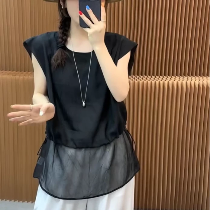 欧洲站网纱拼接假两件无袖背心衬衫女2025夏季新款下摆抽绳上衣潮
