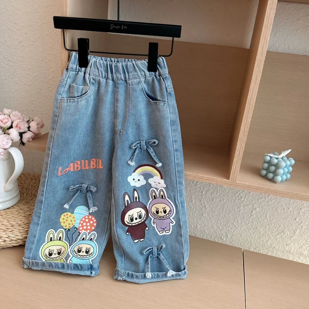 女童秋季新款蝴蝶结牛仔裤洋气女宝宝卡通拉布布蝴蝶结牛仔裤子
