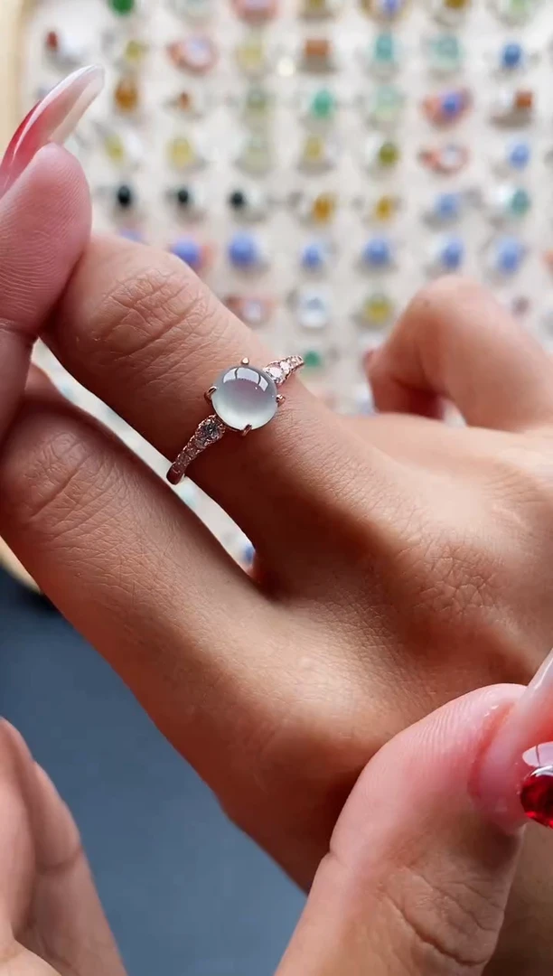 【闪购商品】翡翠戒指银S925镶嵌缅甸天然A货翡翠444 5+5