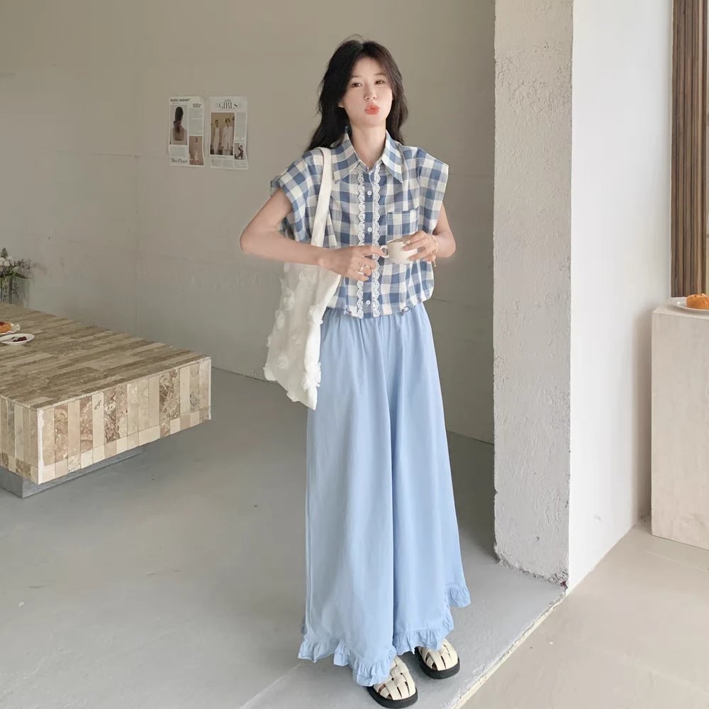 SUMMER夏天【格林童话】蕾丝拼接格子翻领小衫