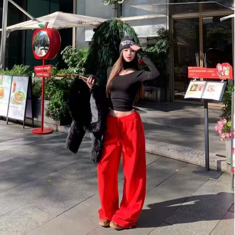 黑色镂空打底衫女秋冬装辣妹紧身显瘦短上衣内搭t恤百搭阔腿裤子
