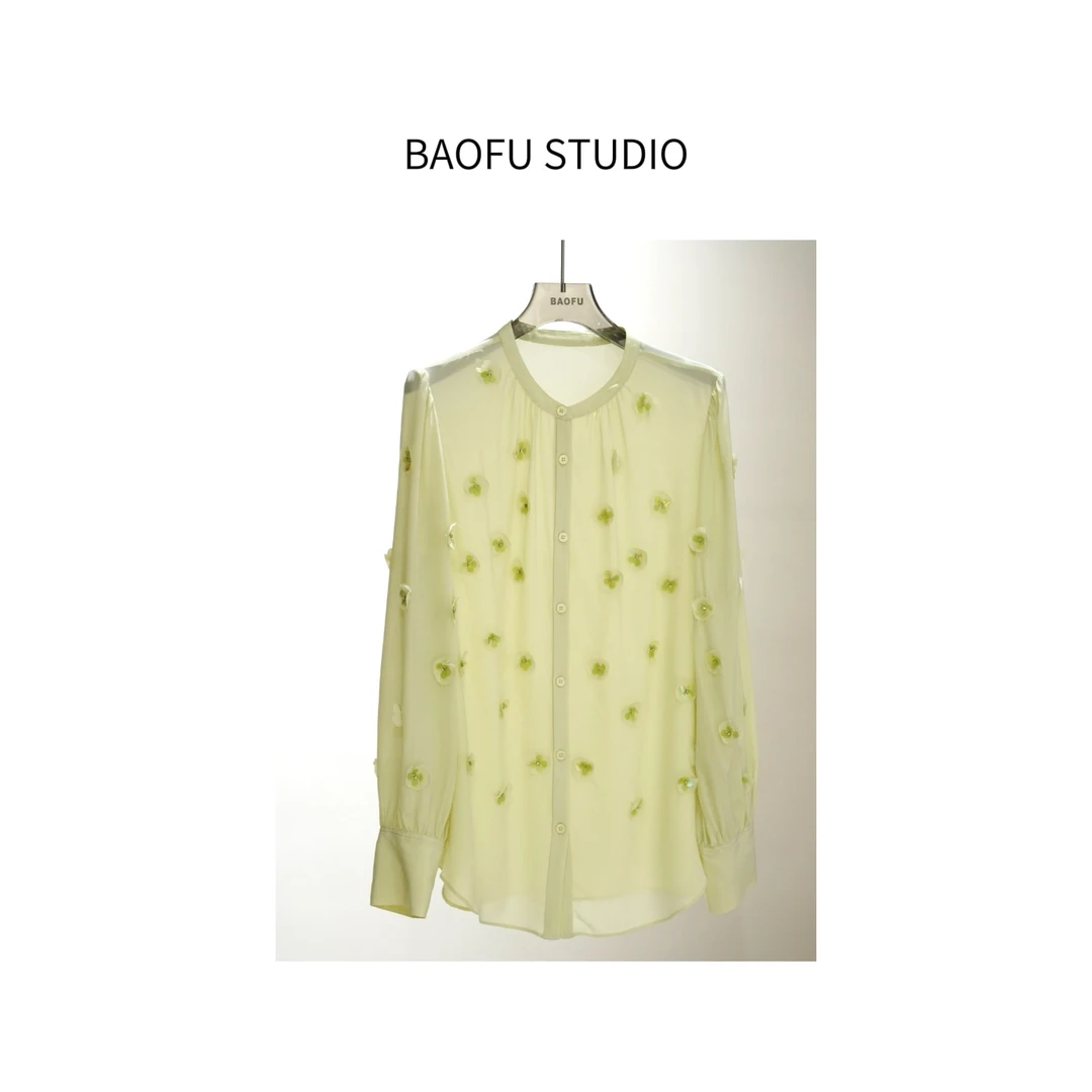 BAOFU studio|清新薄纱钉珠桑蚕丝衬衫质感春夏华丽手工上衣罩衫