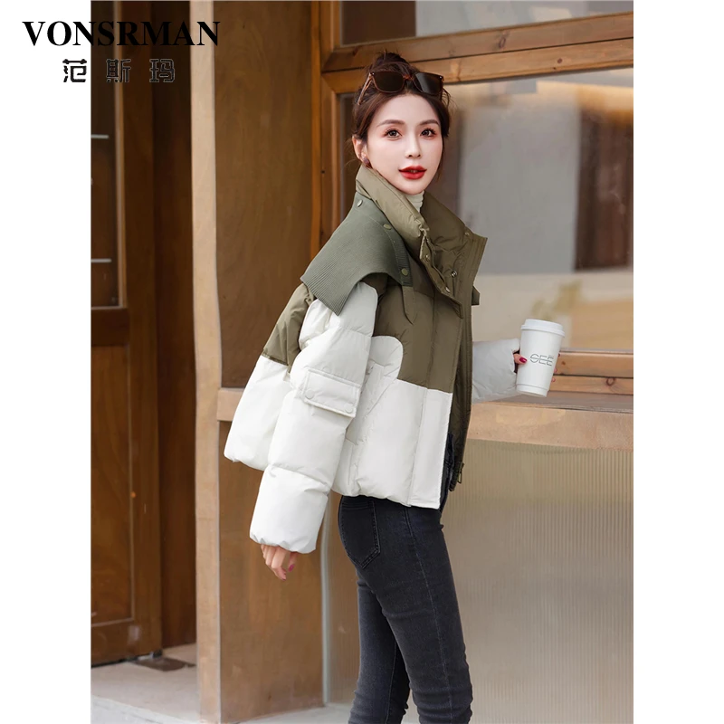 VONSRMAN撞色拼接羽绒服女冬季2025新款小个子洋气减龄短款面包服