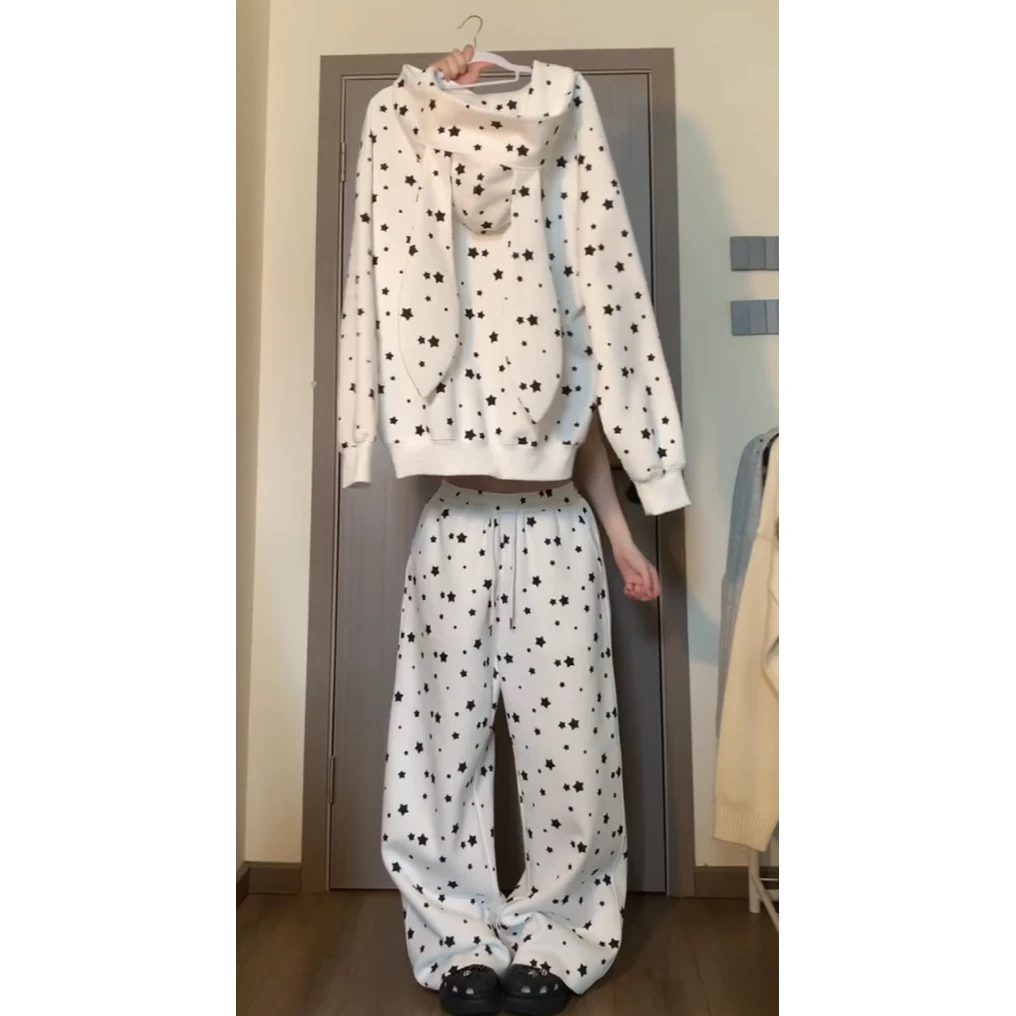 星星印花兔耳朵连帽睡衣套装女秋季新款大码长袖长裤家居服可外穿