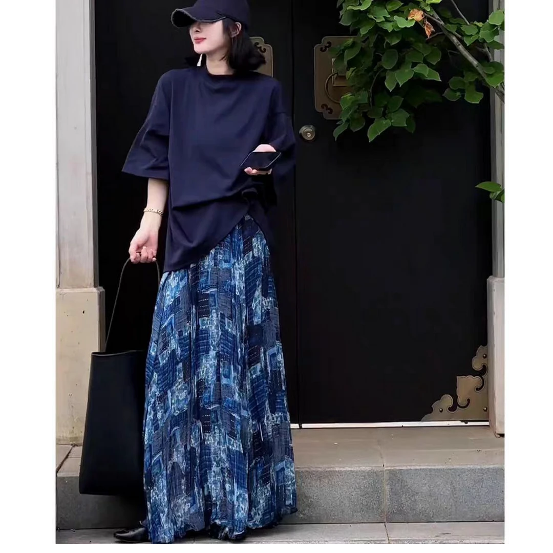 不规则蓝色褶皱半身裙早秋季2025新款高腰显瘦宽松遮肉气质中长裙