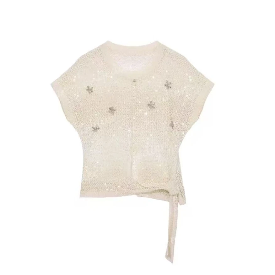 【秀宝女装】设计款镂空烫钻针织短袖T恤XB4229