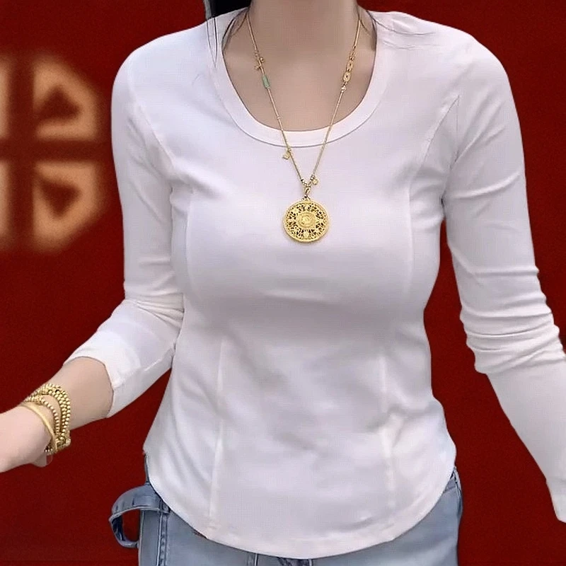 百搭大u领气质外穿糖果色春季新款长袖打底修身T恤显瘦内搭上衣