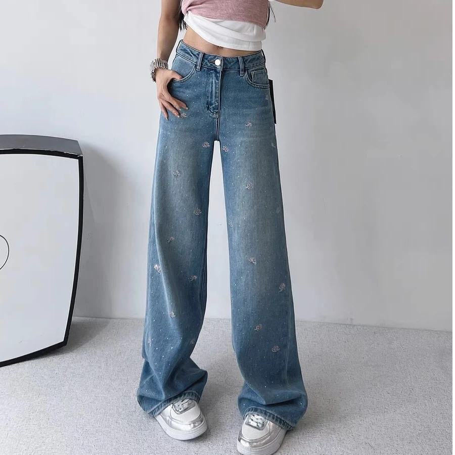 美式简约重工复古时尚阔腿裤2025新款宽松梨形身材休闲烫钻牛仔裤