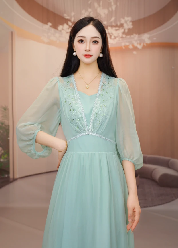 【沐沐家2】桑蚕丝夏季气质百搭轻奢女装长裙优雅时尚青绿色25S8066