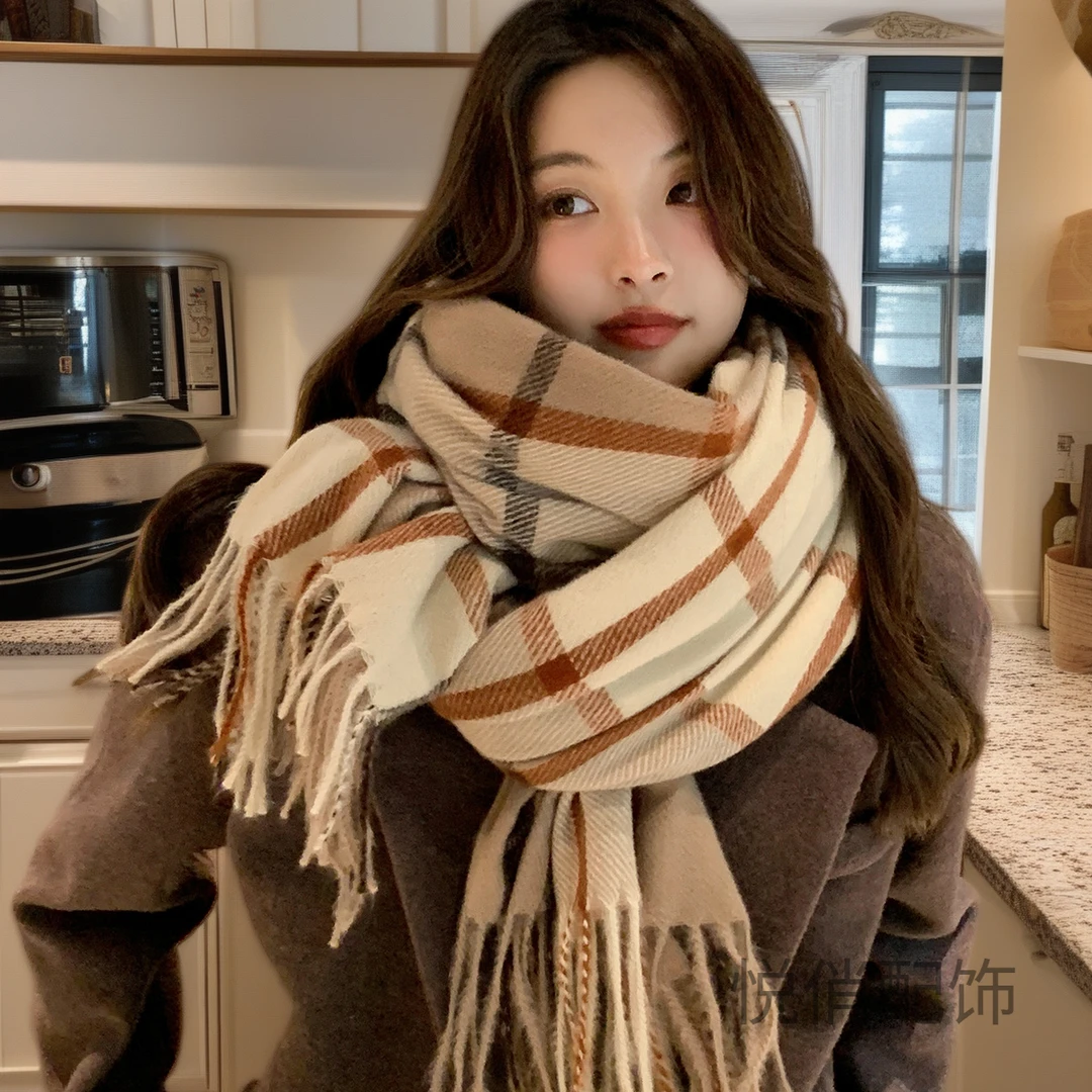 格子围脖彩线新款羊绒冬季复古秋冬仿风百搭保暖披肩韩式围巾