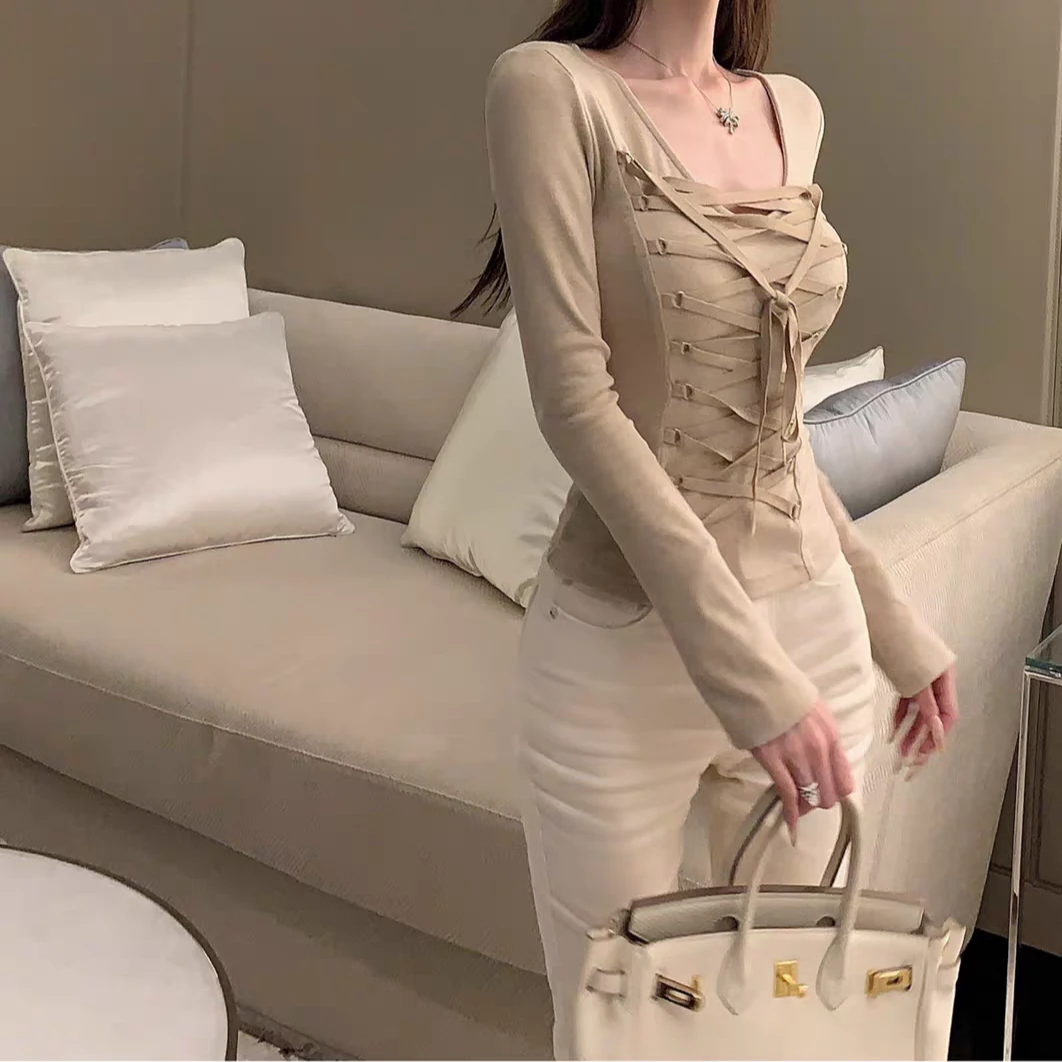 早安可可【底牌好身材】御姐交叉绑带收腰上衣显瘦春夏浅色系内搭女