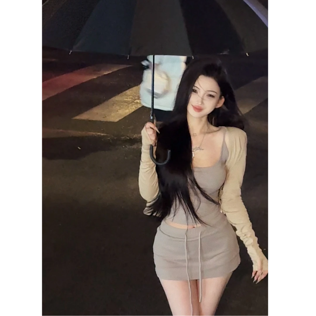 现货【PAN】简约温柔风开衫长袖外套露背吊带背心+低腰运动裙裤P824