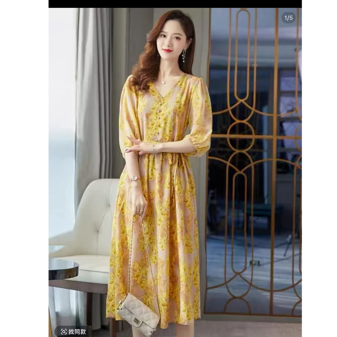 金色年华 时尚休闲夏季法式收腰女装系带气质百搭连衣裙