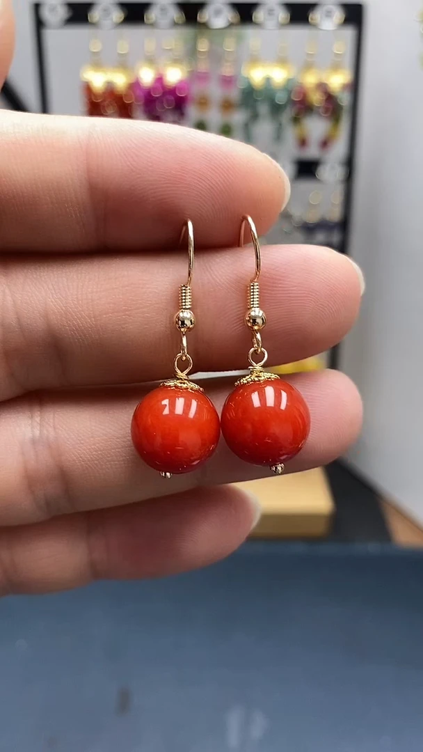 南红玛瑙银S925镀金镶嵌耳饰尺寸12mmC2