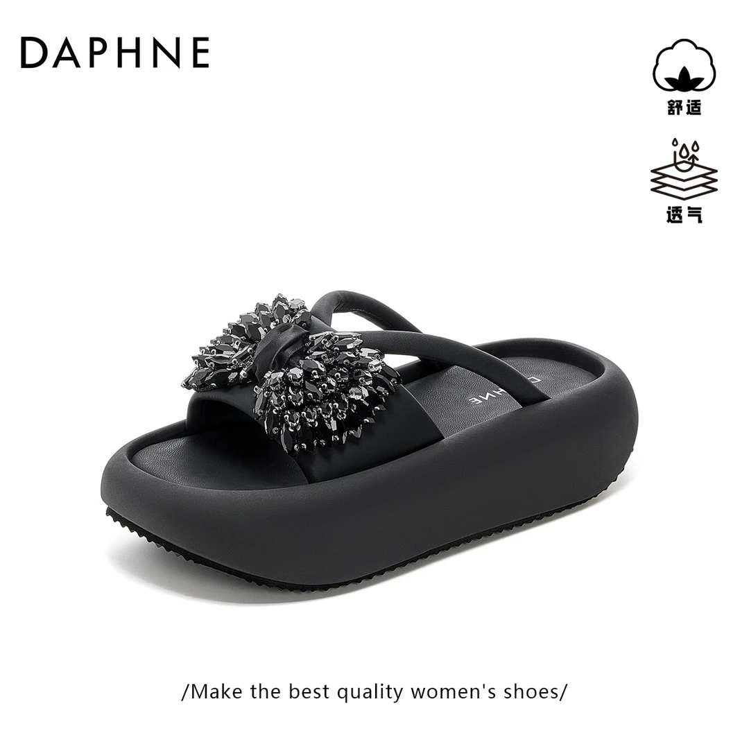 达芙妮网红爆款厚底拖鞋女外穿2025夏季蝴蝶结凉拖闪钻凉鞋一字拖