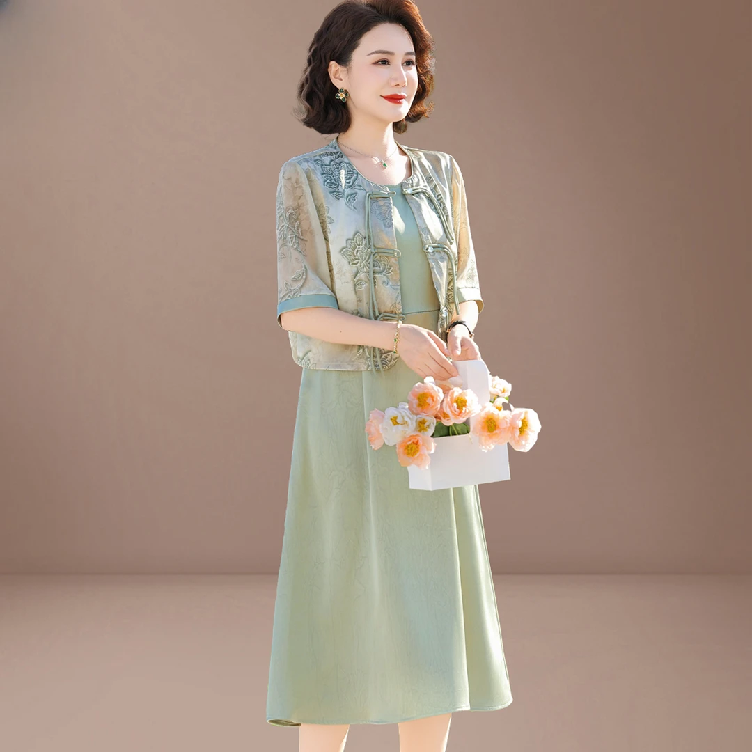 中国风妈妈夏装2025新款中袖连衣裙洋气中老年女夏季雪纺两件套装