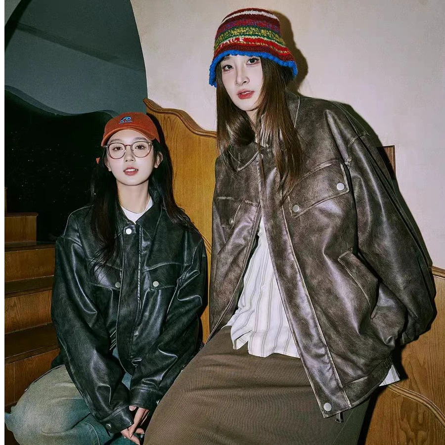 复古做旧皮衣外套春秋季男女款工装PU