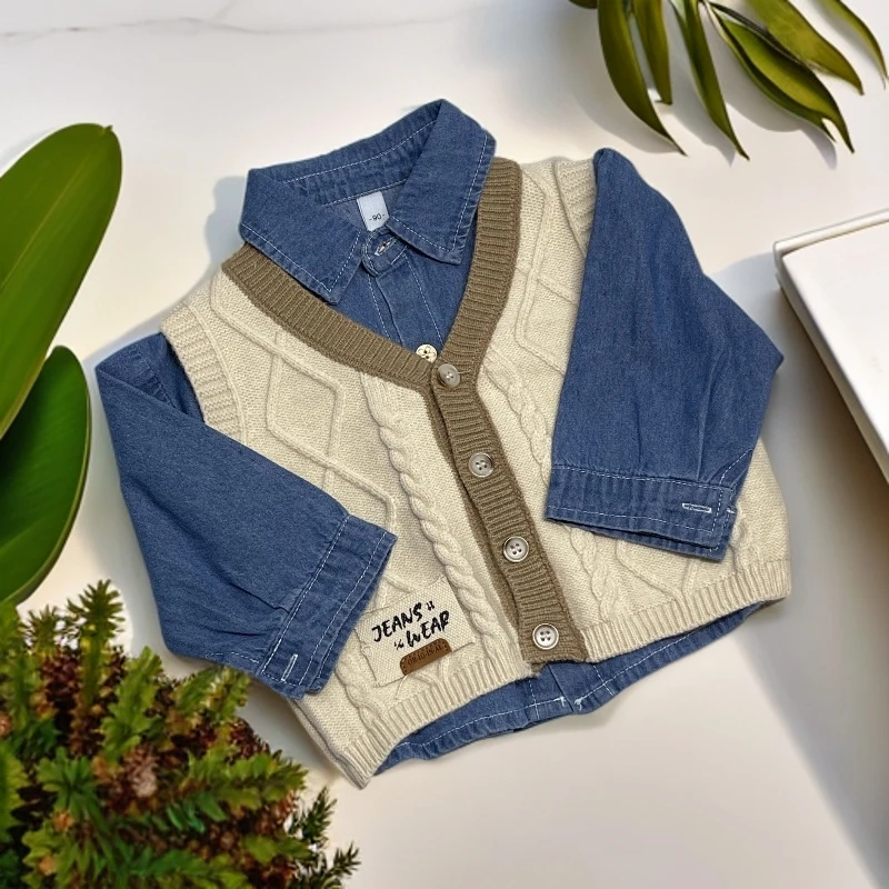 休闲单排扣秋季春秋男卡通套装童装两件套帅气韩版牛仔针织