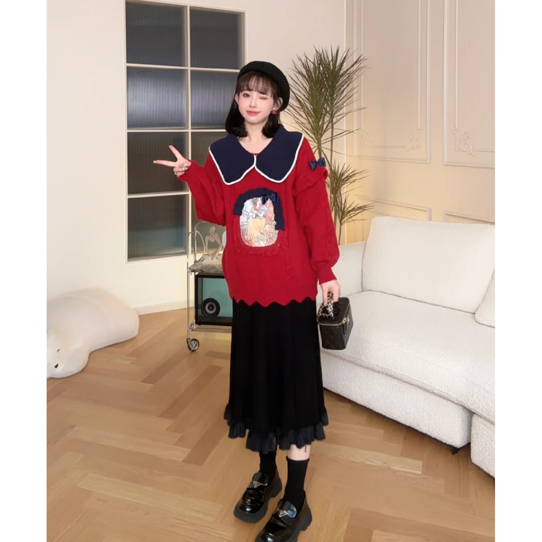 maodan/猫单清仓【麦芬雪屋】孕妇装秋冬红色翻领毛衣冬季