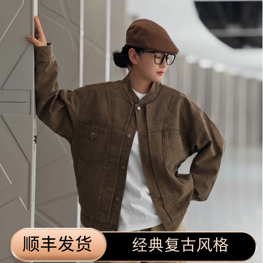 编织棉男夹克复古减龄时尚外套纯色双层领做旧洗水上衣
