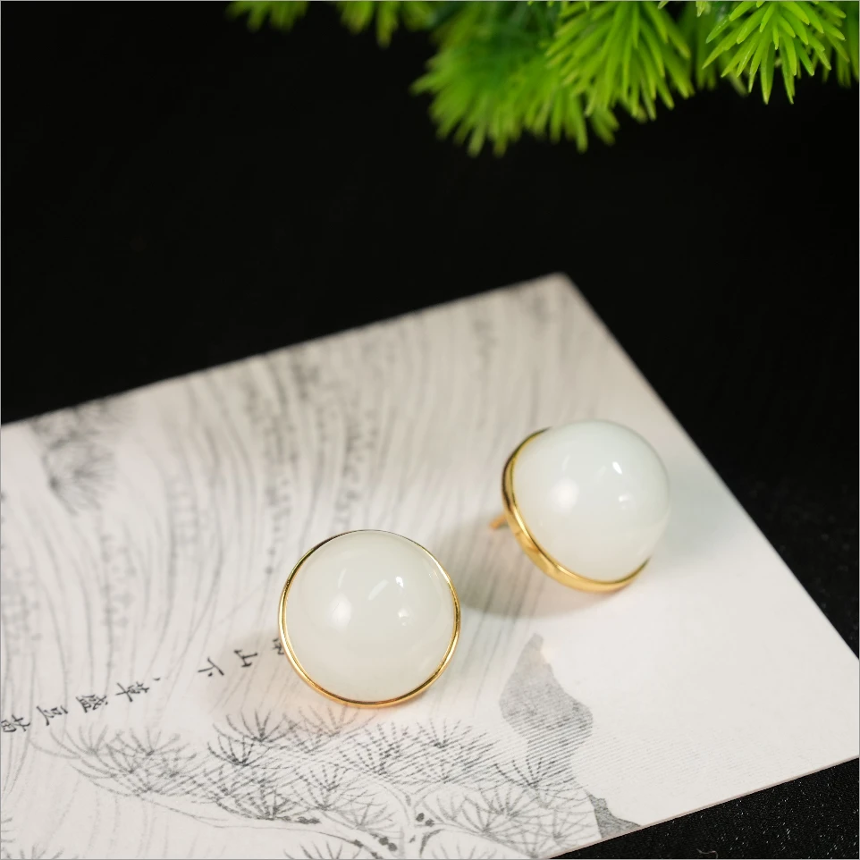 【老掌柜讲珠宝】和田玉/18k白玉面包蛋面耳环/SACX050880