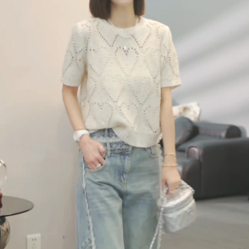 【含苞待放】2025早春新款时尚气质镂空套头短袖针织衫LK2501519