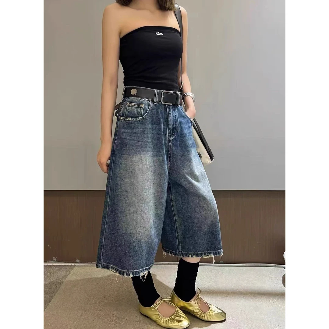 韩版原创时尚气质复古七分牛仔裤女夏季新款磨破高腰显瘦直筒中裤