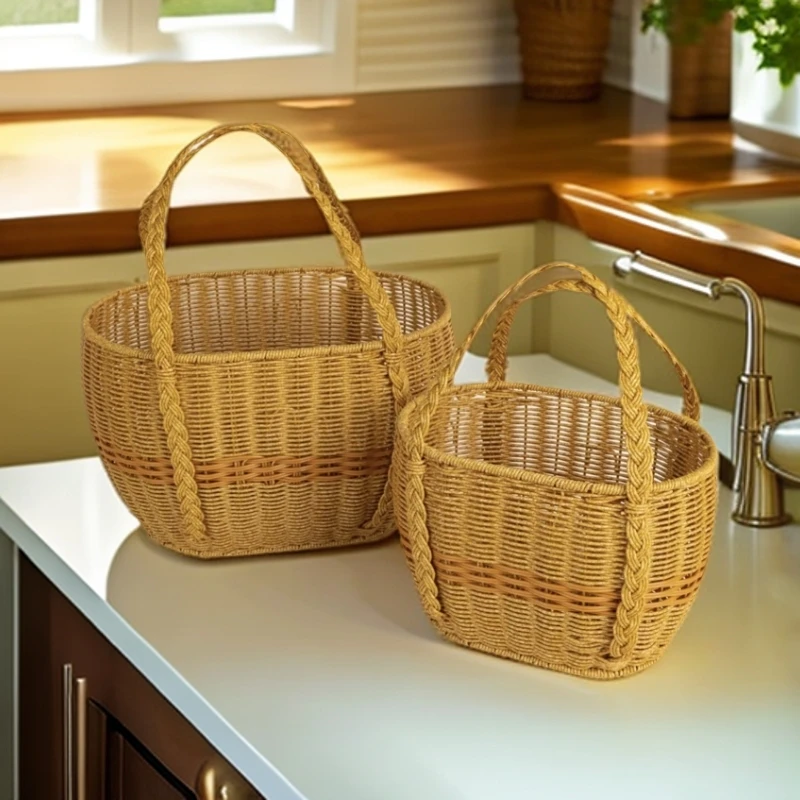 TT01手工仿藤编织双拼色户外手提收纳篮辫花提手购物篮野外露营篮