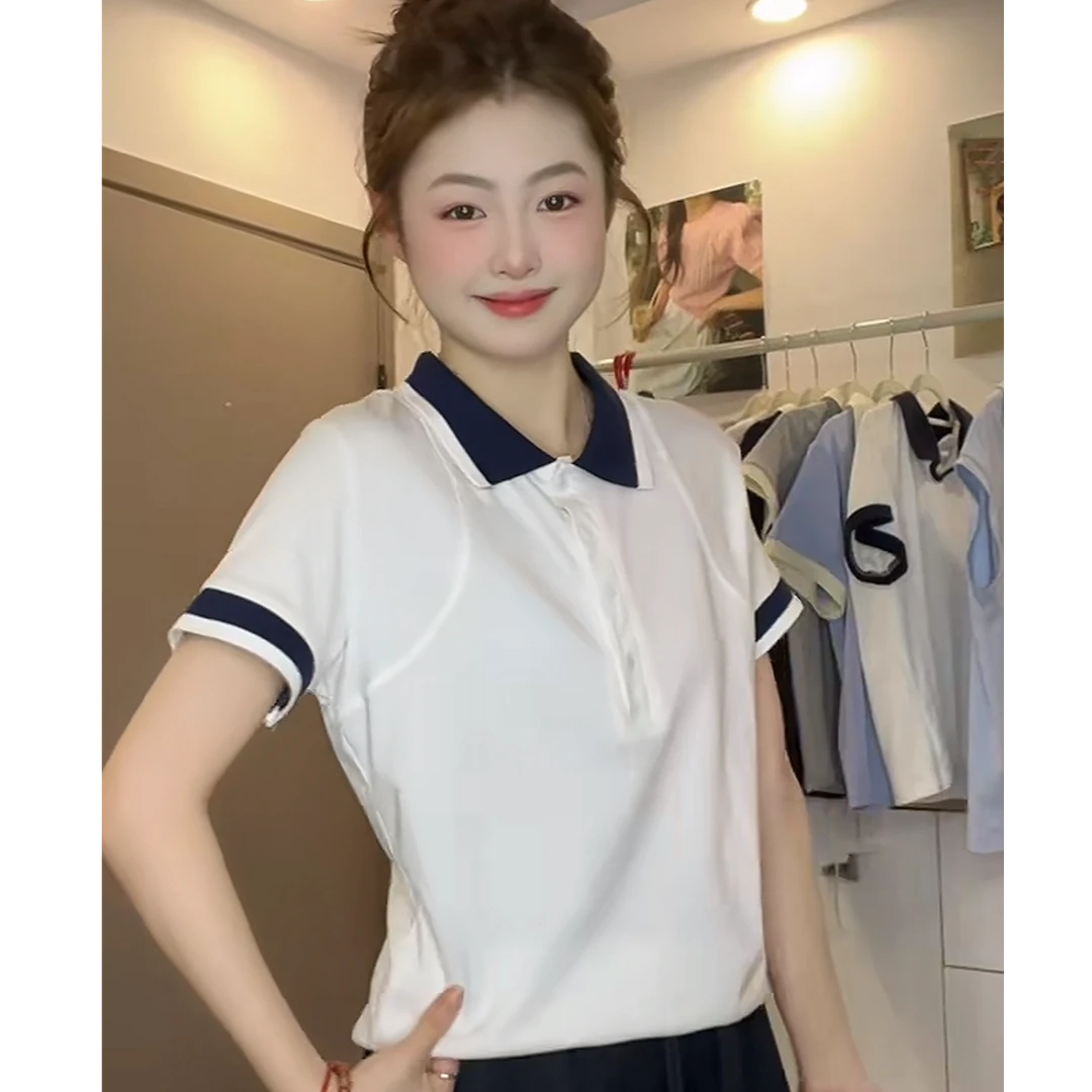 2025夏季新款女士设计感撞色翻领短袖T恤纯棉时尚百搭POLO衫上衣