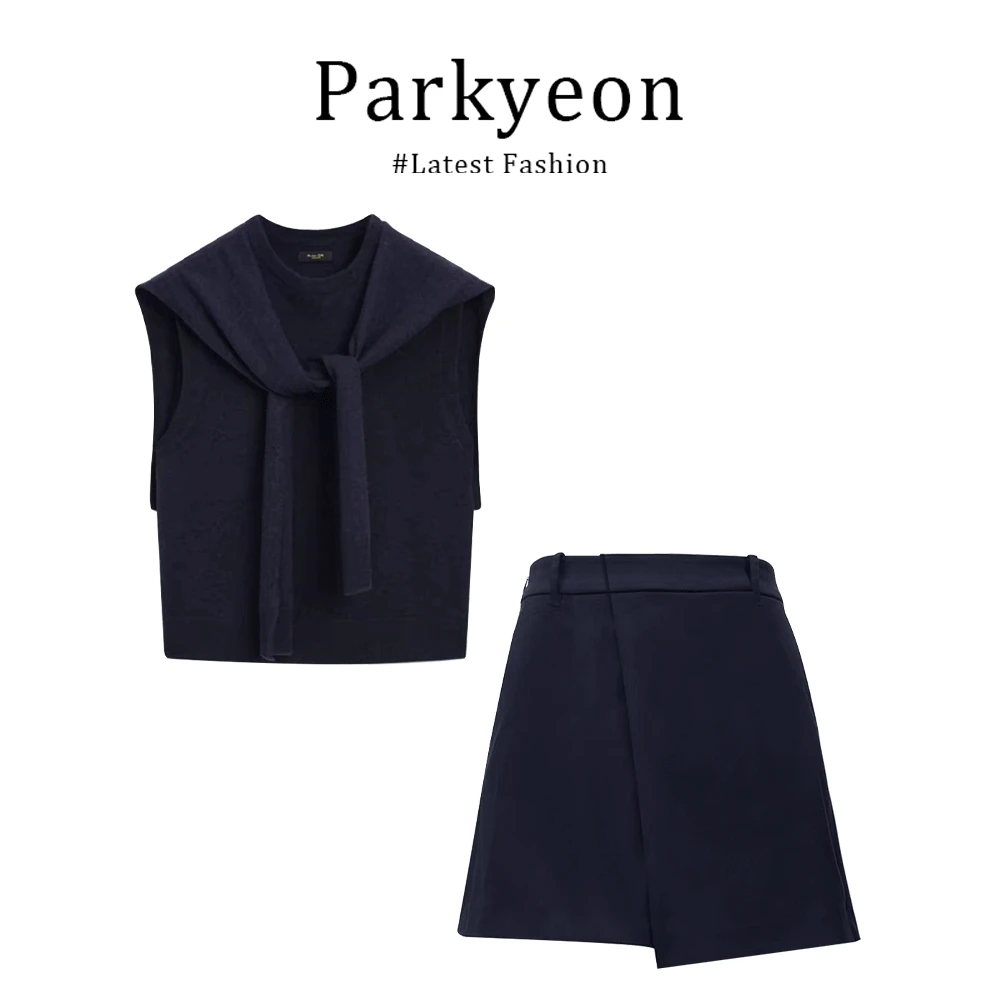 parkyeon法式气质藏青色披肩无袖背心T恤女夏季高腰a字半身裙套装