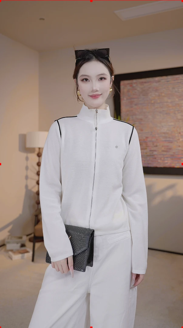 纯色拼接长袖上衣针织毛针织衫女款立领时尚短款女