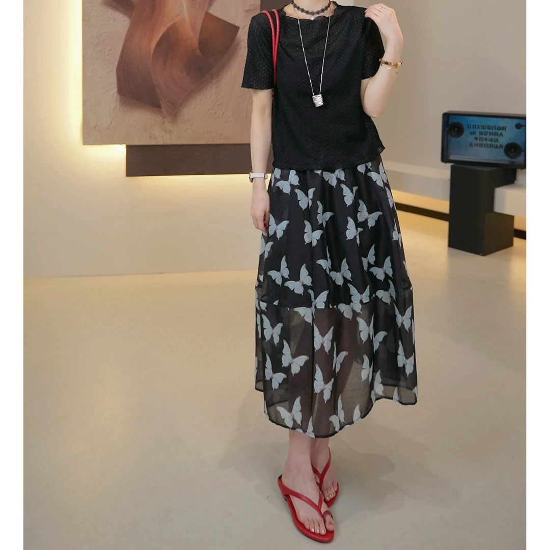 清货价 少量现【薇薇绮】时尚蝴蝶图案半身裙高腰显瘦百搭夏 D649