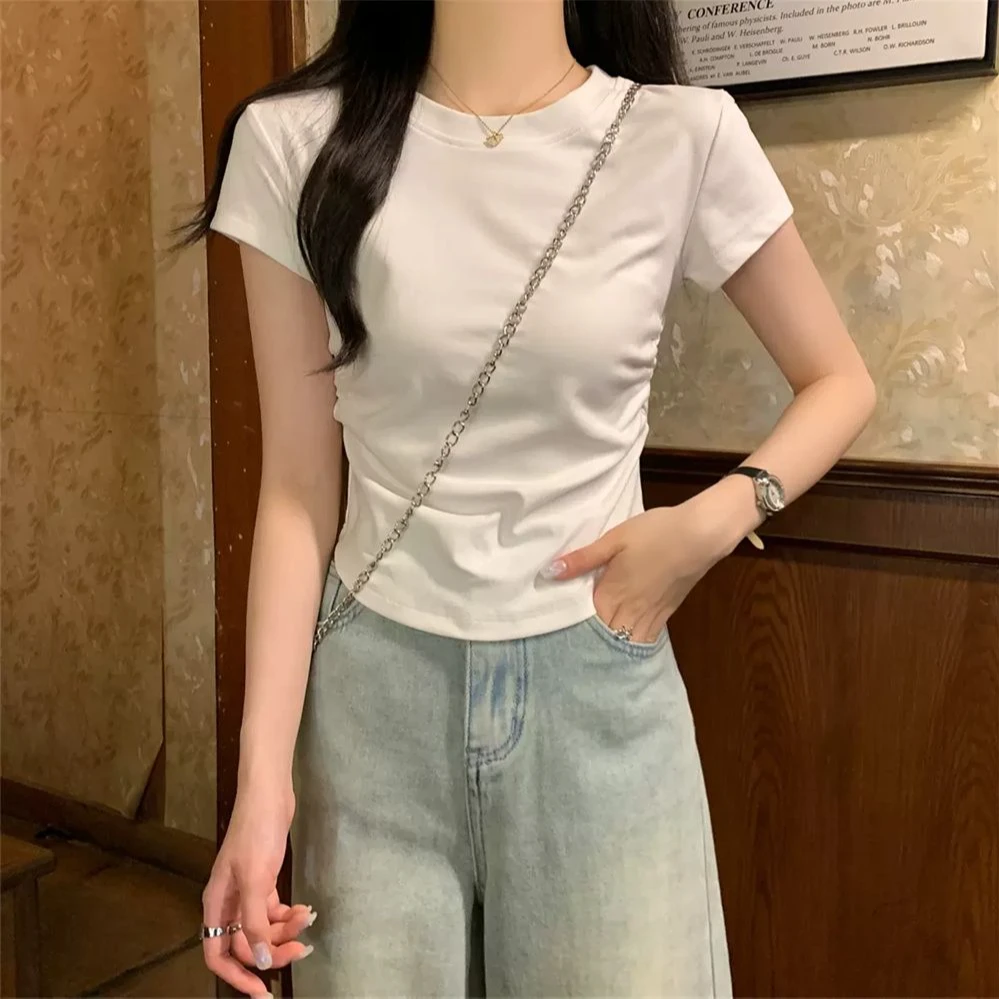 夏季新款时尚气质辣妹风显瘦圆领正肩短袖t恤女收腰短款上衣