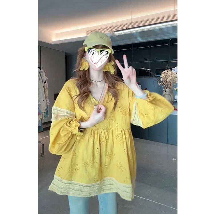 法式甜美时尚镂空刺绣蕾丝花边灯笼袖衬衫女2025春夏新款9267