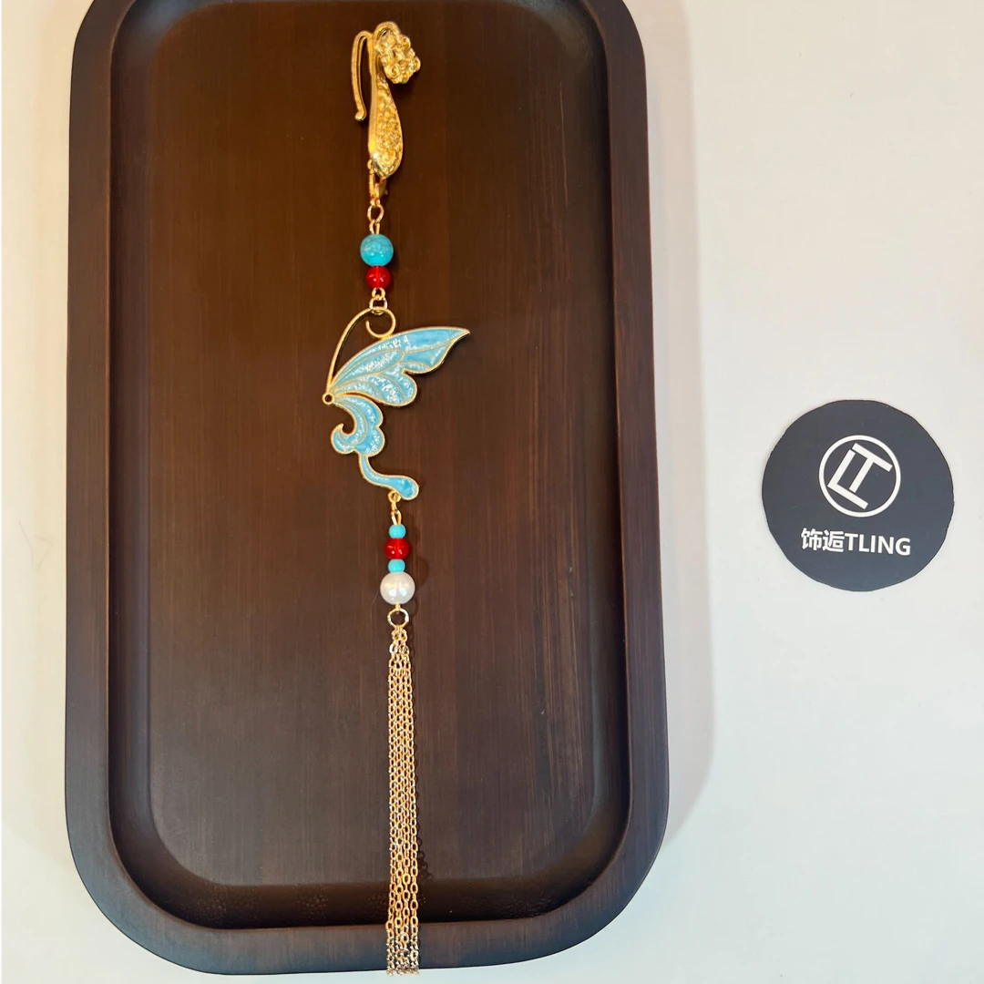 押襟扣，景泰蓝蝴蝶双面两用烧蓝流苏步摇发簪(251)