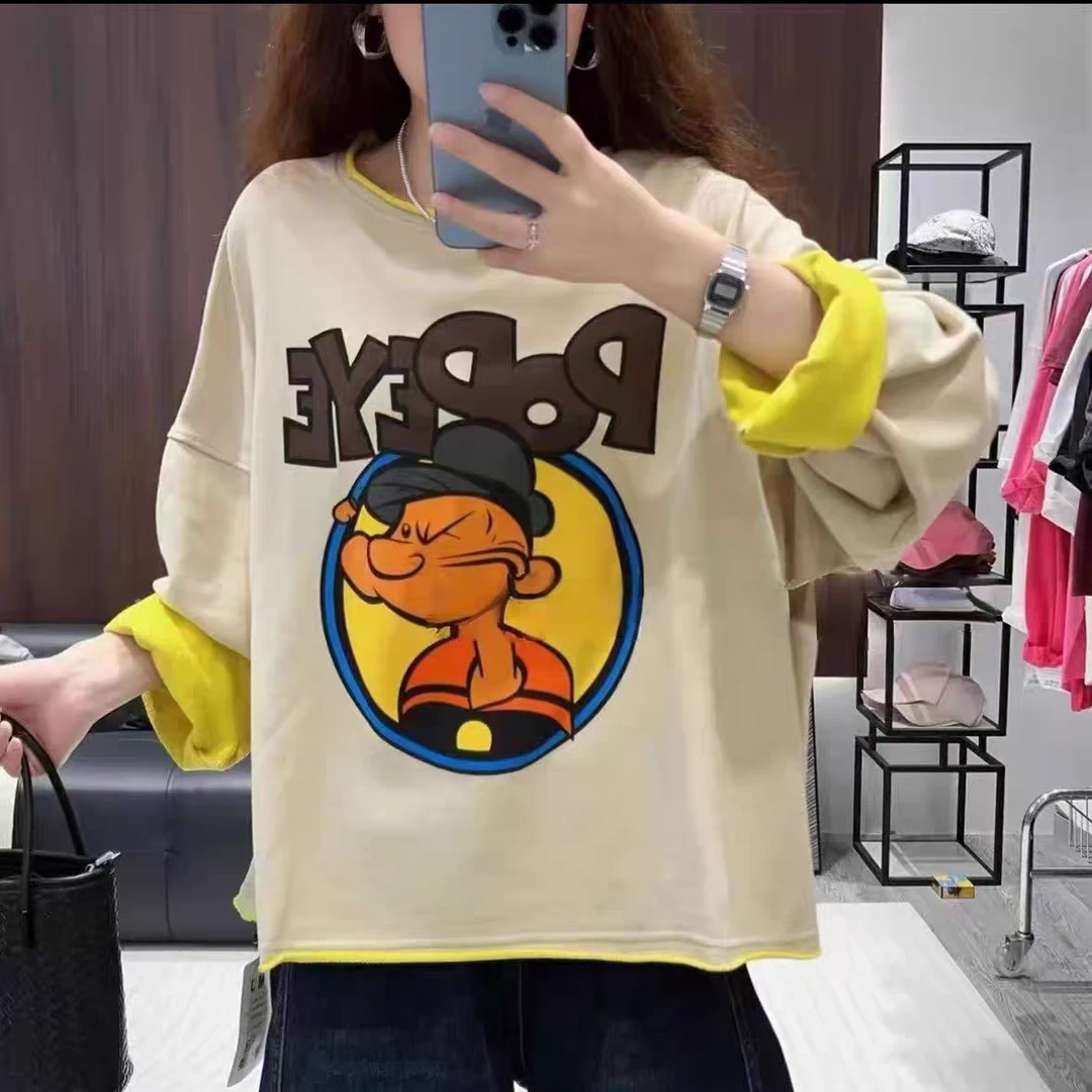 【现货+运补】设计感大力水手印花圆领长袖T恤女早秋休闲显瘦上衣