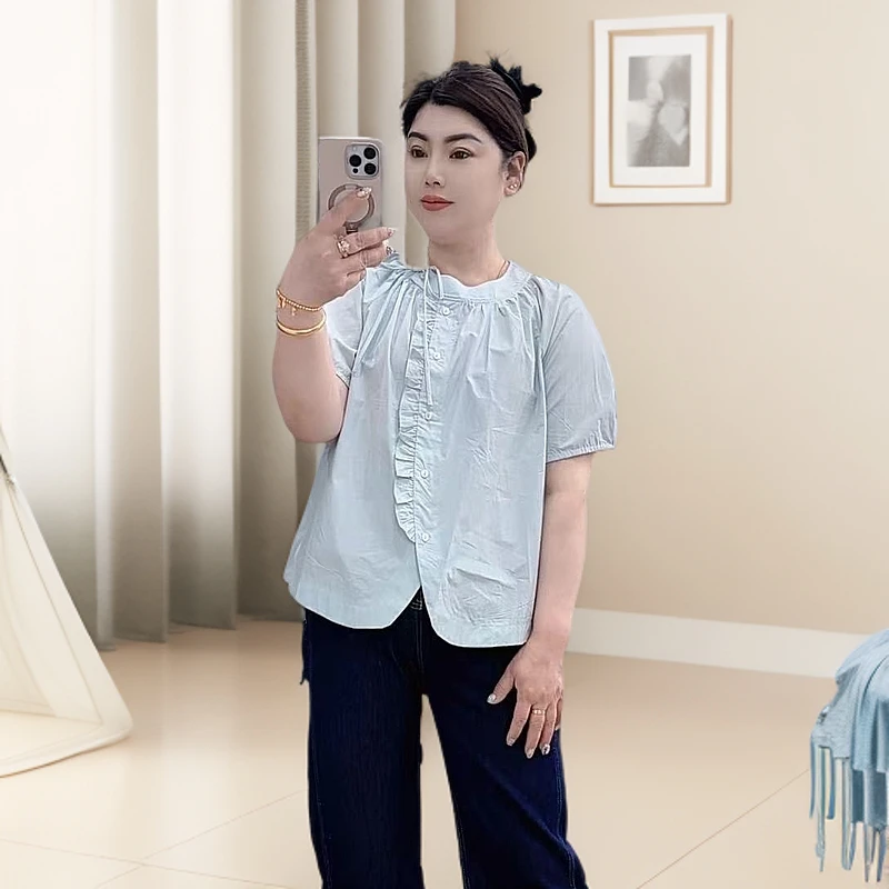 夏季款2103木耳边侧系带短袖衬衣