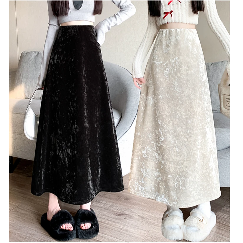 黑色早春金丝绒鱼尾半身裙女秋冬修身百搭遮臀时尚a字大摆中长裙